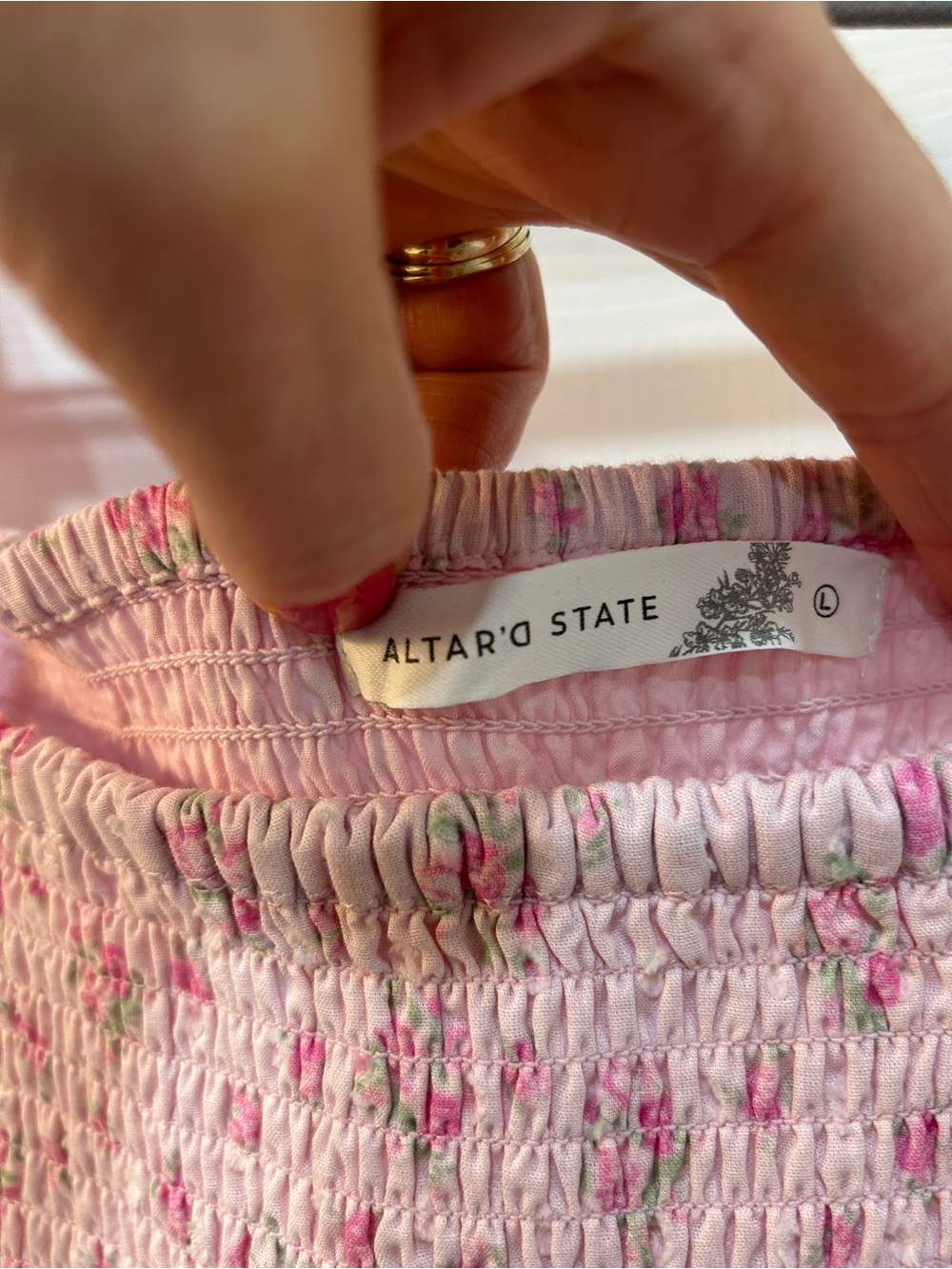 Altar’d State Pink Micro Roses Puff Sleeve Mini Dress Sz L Smocked Cottagecore - Picture 3 of 8